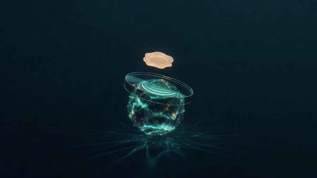 Esfera luminosa de color turquesa compuesta por una red de puntos y líneas conectadas, rodeada por un anillo transparente inclinado, con un sello dorado flotando encima sobre un fondo oscuro.