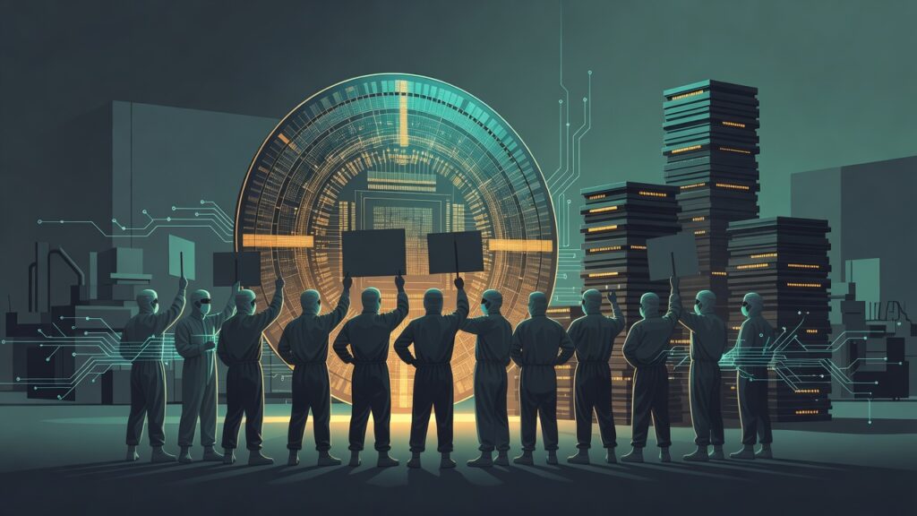 Grupo de personas en trajes protectores grises de cuerpo completo, de pie en fila con la espalda hacia el espectador, sosteniendo carteles negros rectangulares en alto con ambas manos. Frente a ellos se encuentra un gran círculo luminoso con patrones de circuitos concéntricos en tonos turquesa y naranja. A la derecha destacan torres de servidores apilados con luces interiores. El entorno es oscuro y futurista con líneas de conexión digitales.