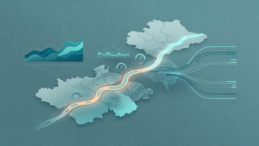 Ilustración editorial: un río luminoso recorre cuatro territorios divididos por fronteras punteadas sobre una malla neuronal, con medidores y un tablero de datos en tonos teal y ámbar.