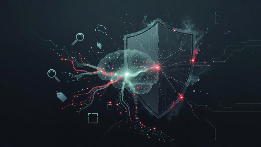 Ilustración digital que muestra un escudo transparente con patrones de circuitos en tonos oscuros, superpuesto a una estructura cerebral formada por partículas luminosas en cian y rojo, con un punto central brillante y líneas rojas extendiéndose hacia la izquierda, iconos flotantes de lupas y etiquetas, y líneas de circuitos en un fondo negro azulado.