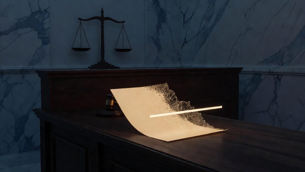 Ilustración editorial: una sala de tribunal sobria con estrado de madera; sobre él, una página luminosa que se disuelve en una malla neuronal con una barra de luz, y una maza de juez al lado, en azul pizarra y ocre.