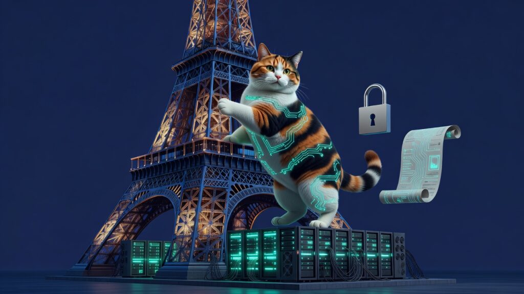 Un gato de pelaje tricolor naranja, negro y blanco con patrones de circuitos luminosos en color cyan sobre su cuerpo, en pose erguida con una pata levantada sobre racks de servidores negros con luces verdes. Al fondo se alza la Torre Eiffel iluminada durante la noche. A la derecha flotan un candado plateado y un rollo de papel con diagrama de circuitos.