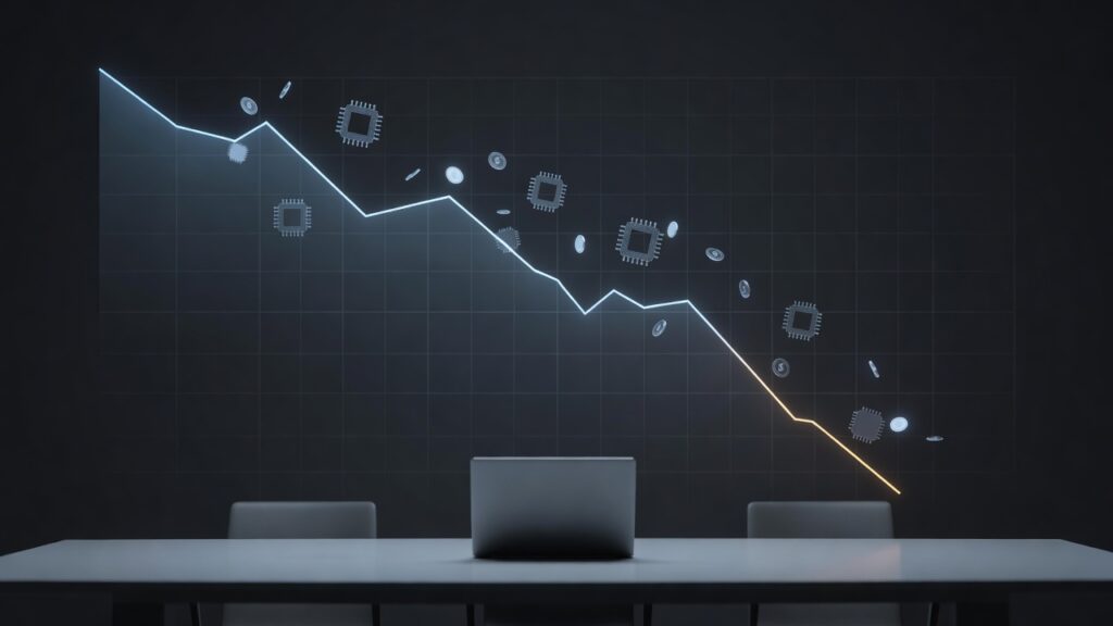 Ilustración editorial: un gráfico financiero abstracto que baja en picada dibujado como una línea luminosa sobre una retícula oscura, con siluetas de chips semiconductores y monedas que se desprenden mientras cae.
