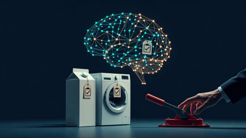Caja de leche blanca y lavadora blanca con etiquetas de verificación, cerebro de red neuronal luminoso azul y naranja con etiqueta de verificación, y mano en manga de traje tirando de una palanca roja de emergencia sobre fondo oscuro.