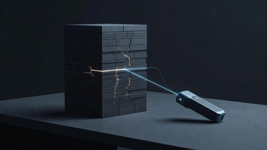 Ilustración editorial: un monolito de bloques grises sobre un escritorio oscuro; un haz de luz cian lo recorre y en su interior grietas finas brillan en ámbar, como fallos latentes que salen a la luz.