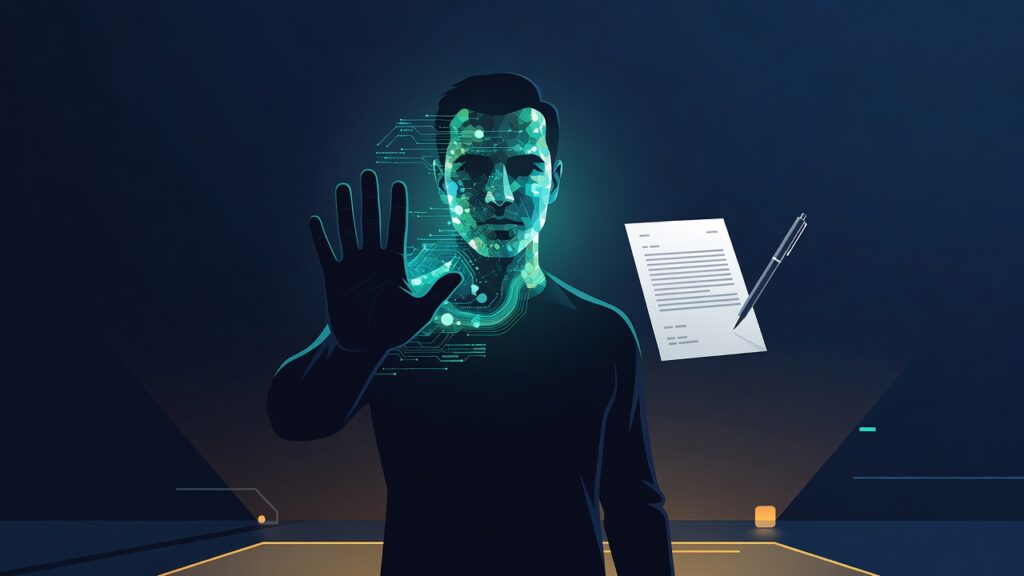 Hombre de cabello oscuro con el rostro cubierto parcialmente por una estructura digital azul brillante compuesta de polígonos y circuitos, levantando la mano derecha con la palma abierta hacia adelante en gesto de parada. A su derecha flotan un documento blanco con líneas horizontales y un bolígrafo negro. El fondo es azul oscuro con iluminación tecnológica.