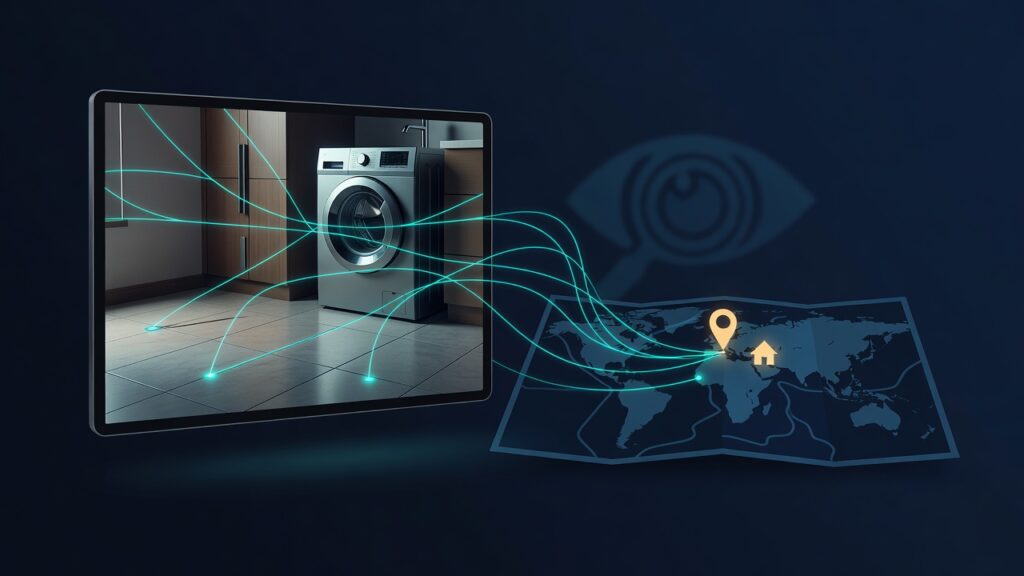Tableta digital que muestra una lavandería con lavadora plateada, piso de baldosas y armarios de madera, conectada por líneas luminosas turquesa a un mapa del mundo con pin de ubicación y icono de casa, junto a un gran icono de ojo en el fondo oscuro.
