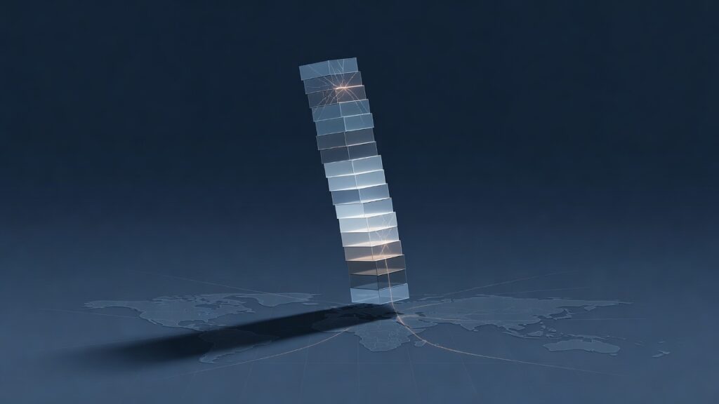 Ilustración editorial: una torre inclinada de bloques de vidrio luminosos se apoya sobre un suelo abstracto con un mapa del mundo tenue; grietas finas recorren los bloques altos y una sombra se extiende sobre el mapa, como el riesgo de una corrección que cruza fronteras.