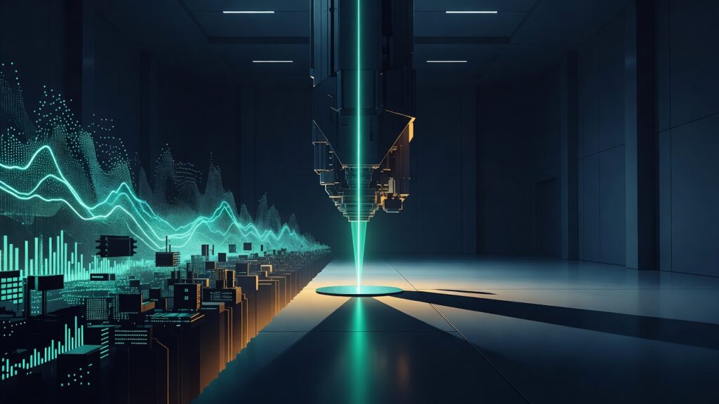 Una máquina mecánica negra y dorada suspendida del techo proyecta un haz de luz cian vertical intenso sobre un círculo luminoso en el suelo de una sala oscura. En el lado izquierdo flotan visualizaciones de datos en color cian con ondas, gráficos de barras, puntos y una estructura de bloques rectangulares similar a una ciudad.