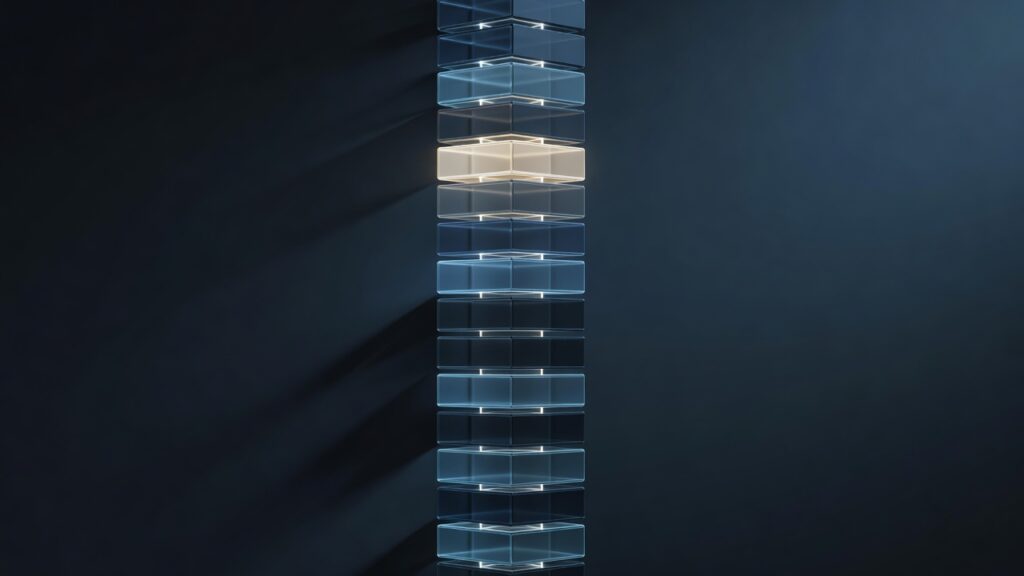 Una columna vertical formada por bloques rectangulares translúcidos de color azul, apilados de forma ordenada. Uno de los bloques en la mitad superior de la columna está iluminado internamente con una luz cálida de tono beige, destacándose del resto que presentan bordes con luz azul suave. El fondo es liso y oscuro en color azul muy oscuro.