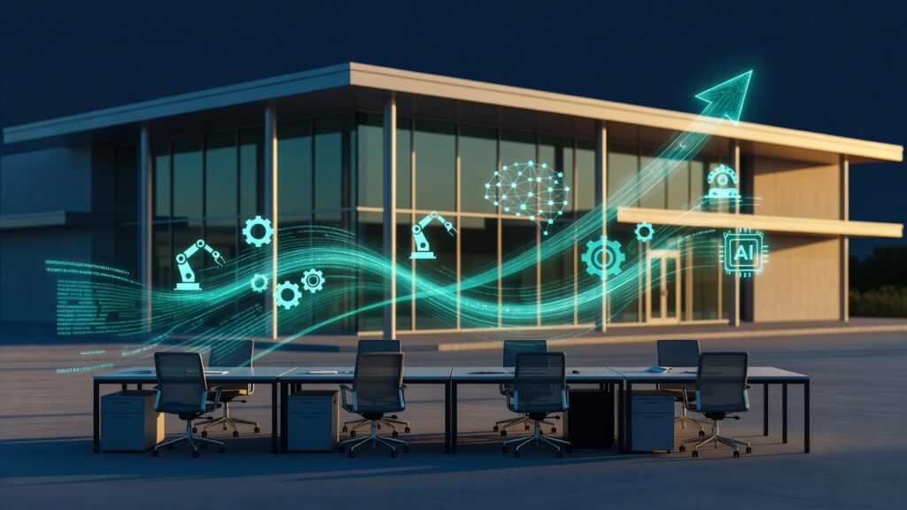 Edificio corporativo moderno con grandes ventanales de vidrio al atardecer y mesas de trabajo vacías con sillas de oficina en primer plano. Elementos gráficos superpuestos en color cian incluyen brazos robóticos, engranajes, una red neuronal conectada, iconos de engranajes y un chip de IA con una flecha ascendente.