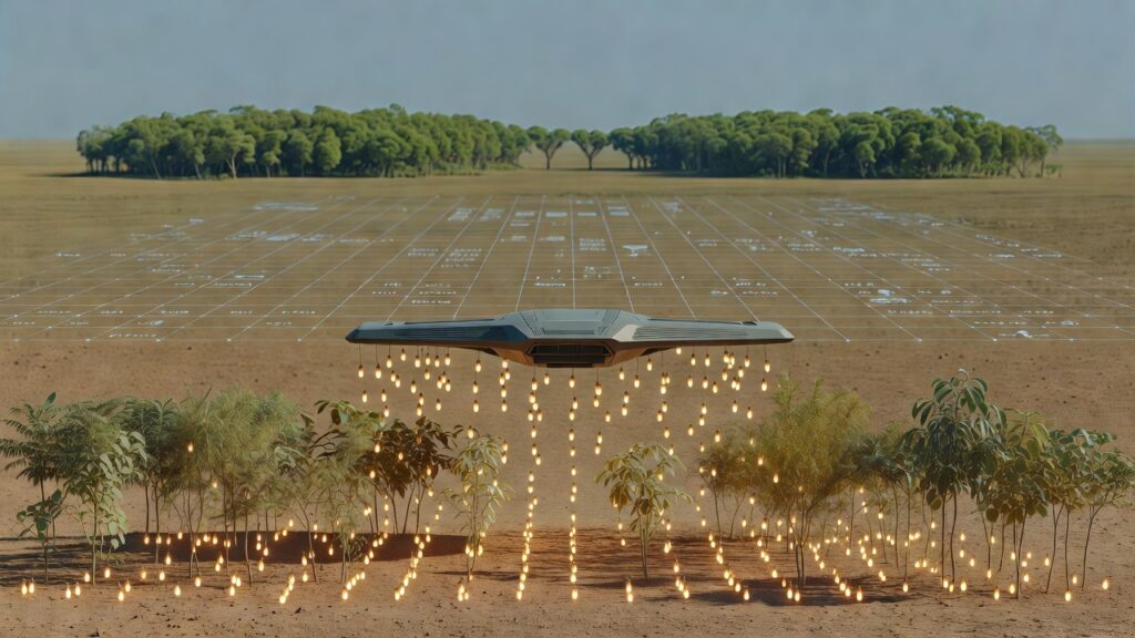 Ilustración editorial: un dron de precisión sobrevuela un paisaje semiárido de suelo seco y árboles nativos dispersos y libera pequeñas cápsulas luminosas de semillas en un patrón ordenado hacia plantines jóvenes; al fondo, una grilla tenue de datos ecosistémicos y un corredor verde de bosque reconectando dos fragmentos.