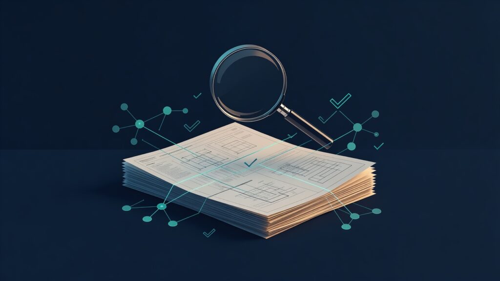 Pila de documentos con diagramas técnicos, lupa flotando encima, líneas y nodos de red en turquesa, marcas de verificación verdes y fondo azul oscuro.