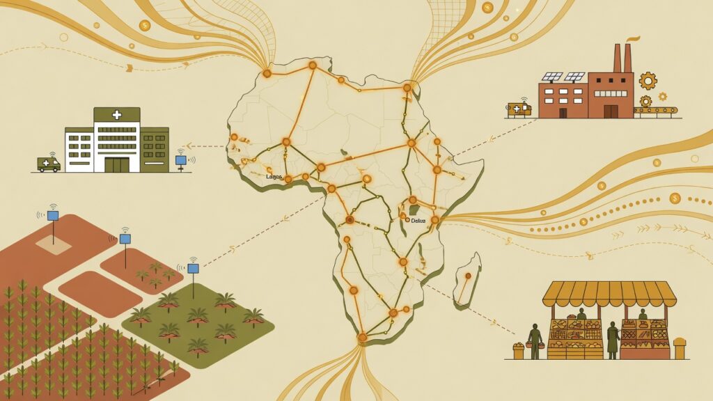 Ilustración editorial: un mapa estilizado de África formado por nodos luminosos y rutas de datos; alrededor, campos de cultivo, una fábrica, un hospital y un mercado conectados, mientras hilos dorados de capital llegan desde el borde de la imagen.