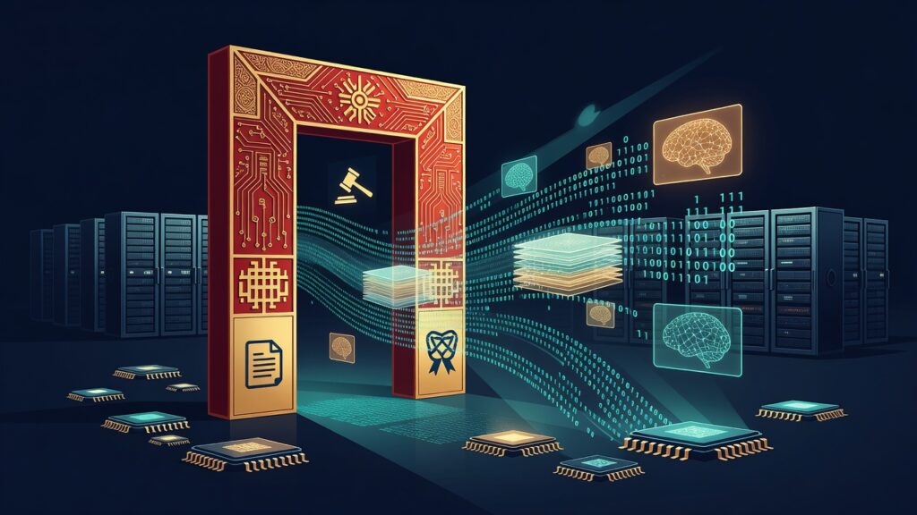 Puerta rectangular roja y dorada con patrones de circuitos impresos, un mazo judicial en el umbral, flanqueada por racks de servidores negros. Flotan pilas de documentos, hologramas de cerebros, iconos de redes neuronales y código binario en un entorno oscuro futurista, con chips dispersos en el suelo.