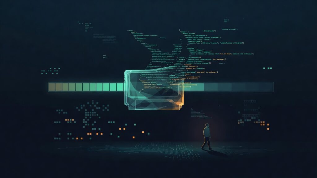 Código informático flotando en fondo negro azulado, interfaz holográfica central con texto de programación, barra horizontal con gradiente de colores conectando secciones, puntos luminosos naranjas y persona de pie en superficie con líneas de circuito.