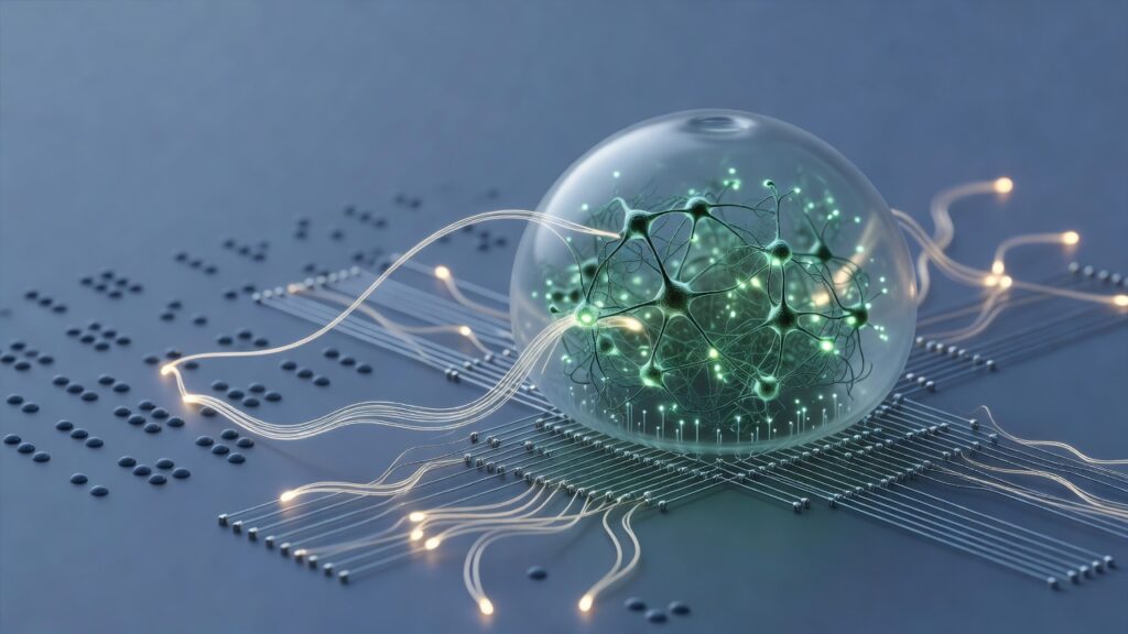 Ilustración editorial: una cúpula de vidrio con un racimo de neuronas luminosas sobre una rejilla de electrodos; a un lado, puntos en relieve que sugieren celdas Braille.