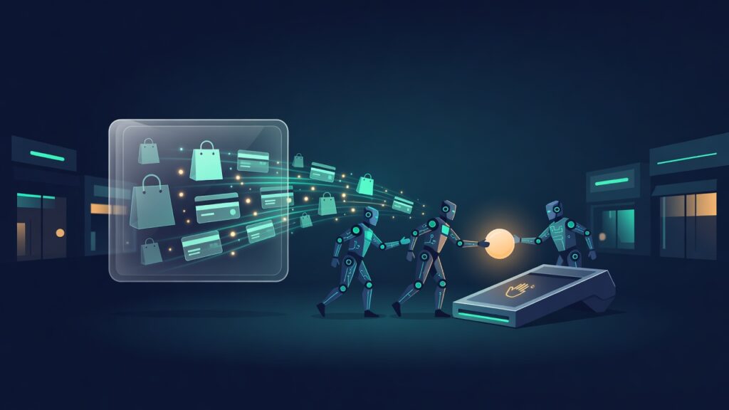 Tres robots humanoides de color azul en un entorno nocturno futurista. El robot central extiende una esfera luminosa naranja hacia el robot de la derecha. A la izquierda flota un panel transparente con iconos de bolsas de compras y tarjetas de crédito conectados por líneas luminosas a los robots. En primer plano se ve un terminal de pago rectangular con un icono de mano en la superficie.