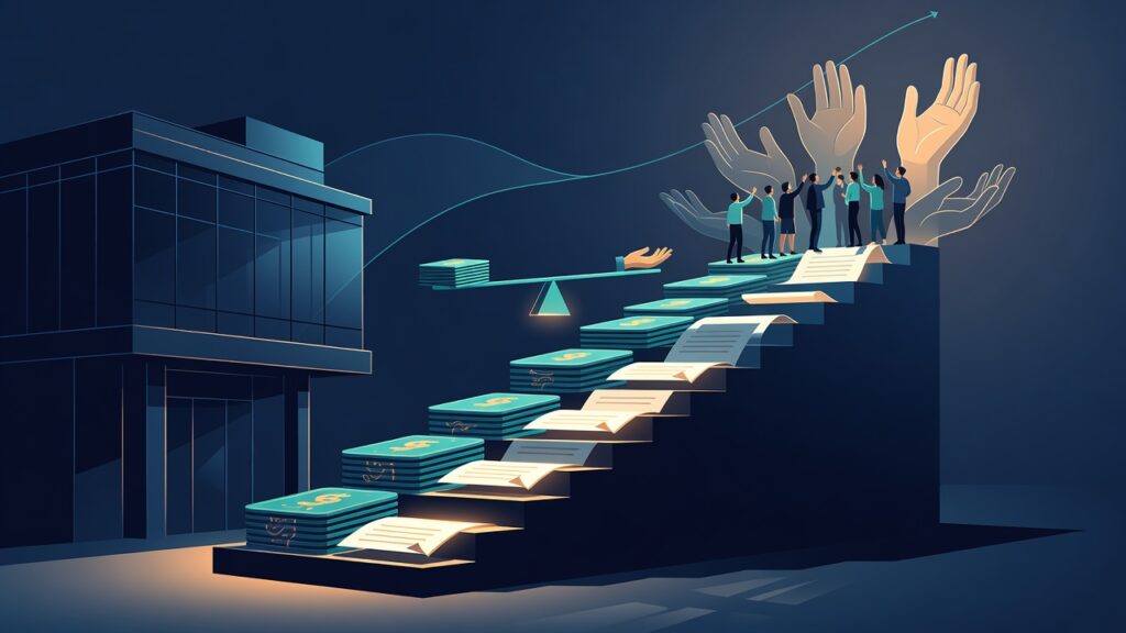Ilustración de una escalera ascendente compuesta por pilas de dinero en color teal con signos de dólar y hojas de papel blanco. Varias personas suben por los escalones levantando las manos. Grandes manos translúcidas se extienden hacia arriba en la parte superior derecha. Un edificio moderno oscuro con ventanas de cristal está a la izquierda, junto a una balanza con dinero y una línea curva azul ascendente con flecha en el fondo oscuro.