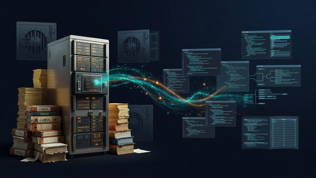 Servidor mainframe gris con luces naranjas, pilas de libros de COBOL y puertas de bóveda a la izquierda, conectado por un flujo luminoso turquesa y naranja a ventanas de código, diagramas de flujo y tablas de datos flotando a la derecha sobre fondo oscuro.