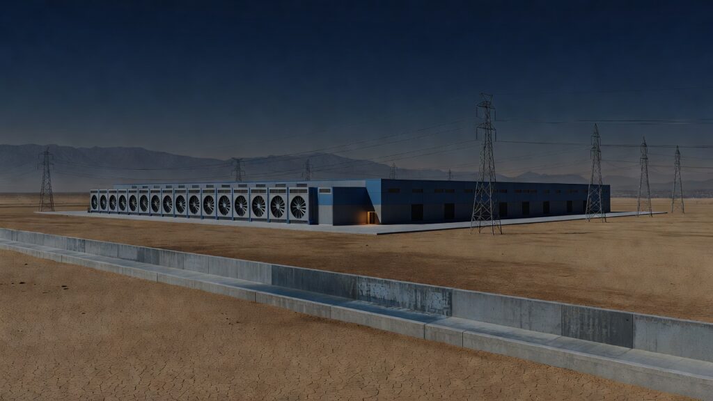 Ilustración editorial: una nave industrial de data center con equipos de enfriamiento por aire en un terreno seco, junto a un canal vacío, torres de alta tensión y la silueta de la cordillera al fondo.