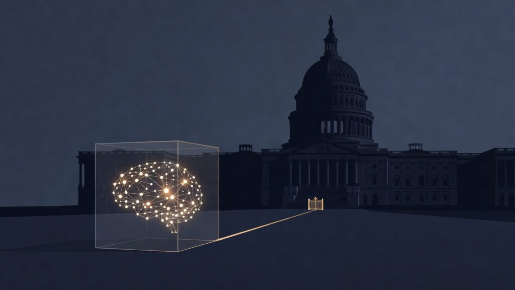 Ilustración de una red neuronal dentro de un cubo de vidrio conectada al Capitolio de Estados Unidos