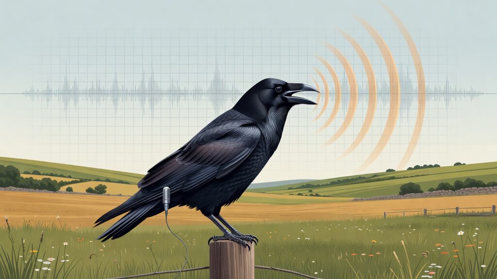 Ilustración de una corneja negra posada en un poste con un micrófono en la cola y ondas de sonido