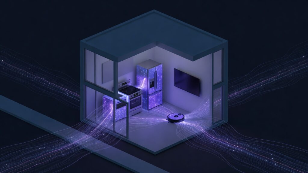 Ilustración editorial de una casa con electrodomésticos conectados por una misma luz violeta