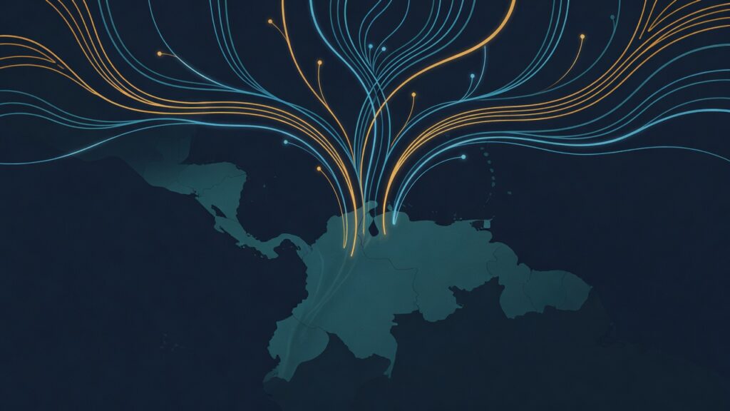 Ilustración editorial de un mapa de América Latina y el Caribe con filamentos luminosos que suben desde su territorio