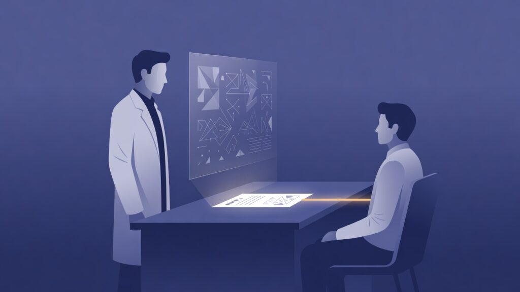 Ilustración editorial de un consultorio con una pantalla translúcida entre el médico y el paciente, y una línea ámbar que va del expediente al paciente