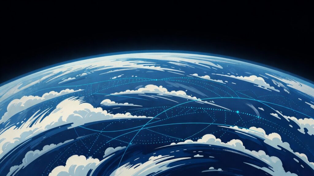Ilustración editorial del planeta Tierra con bandas de nubes y una red luminosa de datos sobre la atmósfera