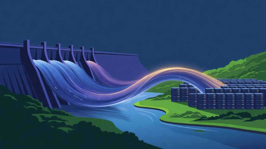 Ilustración editorial de una represa hidroeléctrica cuya corriente luminosa se convierte en hileras de servidores