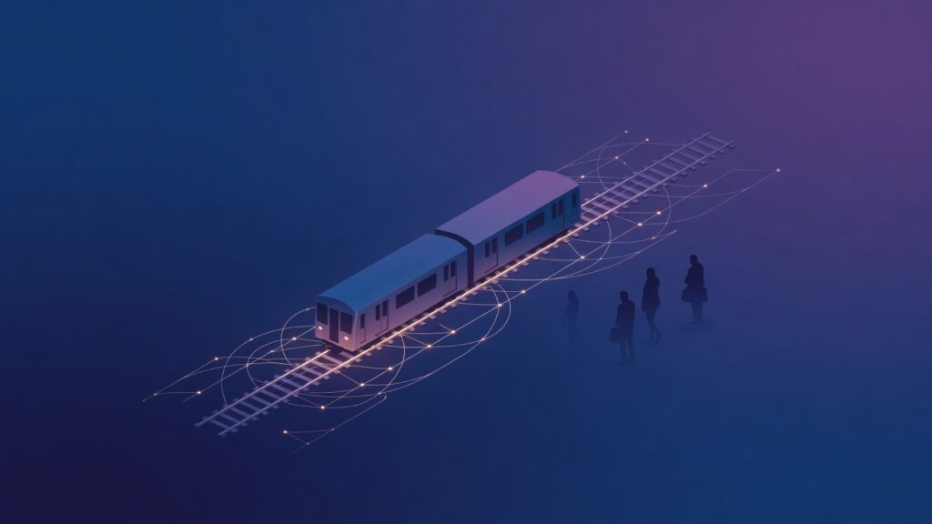 Tren de metro iluminado sobre sus vías con líneas de datos y siluetas de pasajeros en penumbra