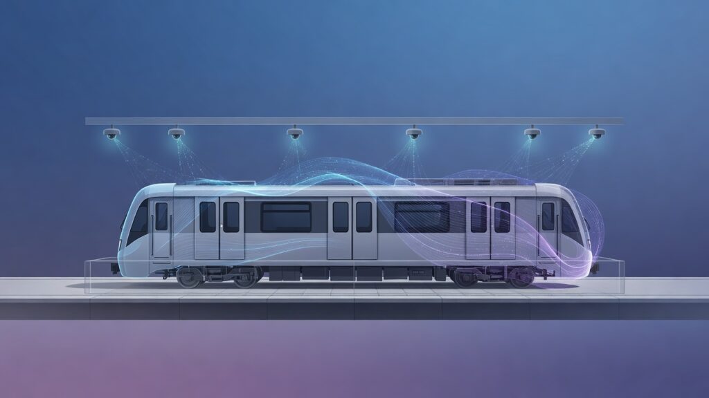 Ilustración editorial de un tren de metro con una réplica virtual translúcida sobre la estación