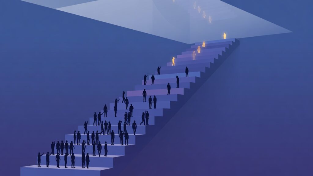 Ilustración editorial de una escalera con muchas personas ascendiendo en penumbra y unas pocas llegando a una luz superior