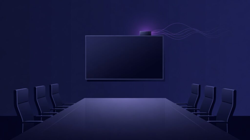 Ilustración editorial de una sala de directorio vacía con un dispositivo encendido detrás del televisor