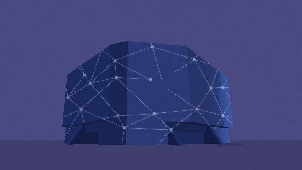 Ilustración editorial de un edificio institucional abstracto en azul y violeta con una red luminosa de nodos, uno de los cuales se desconecta