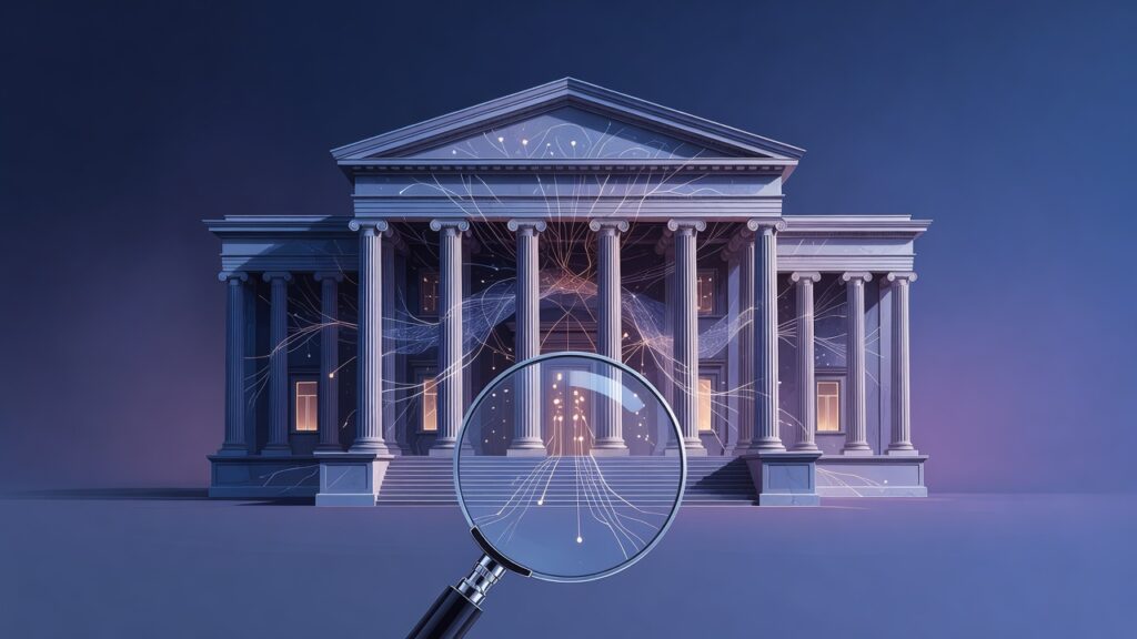 Ilustración editorial de un edificio público de columnas atravesado por circuitos luminosos y observado con una lupa