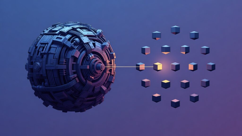 Ilustración editorial de una gran máquina esférica conectada a un grupo de pequeños módulos geométricos, uno iluminado en ámbar