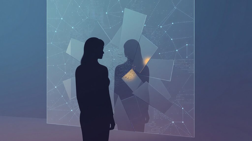 Ilustración editorial: la silueta serena de una mujer se refleja en un panel de vidrio translúcido que se fragmenta en piezas digitales y una malla de nodos